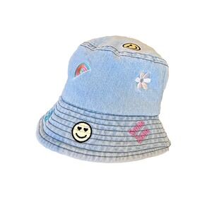 Good Vibes Women's Embroidered Denim Bucket Hat Flowers Rainbows One Size